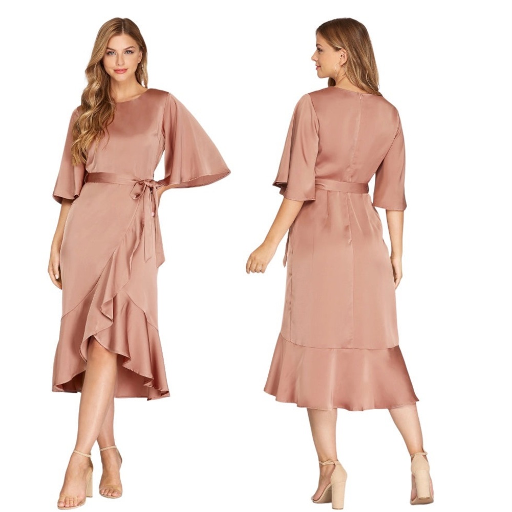 Silk flutter sleeve dress. Rose Mocha